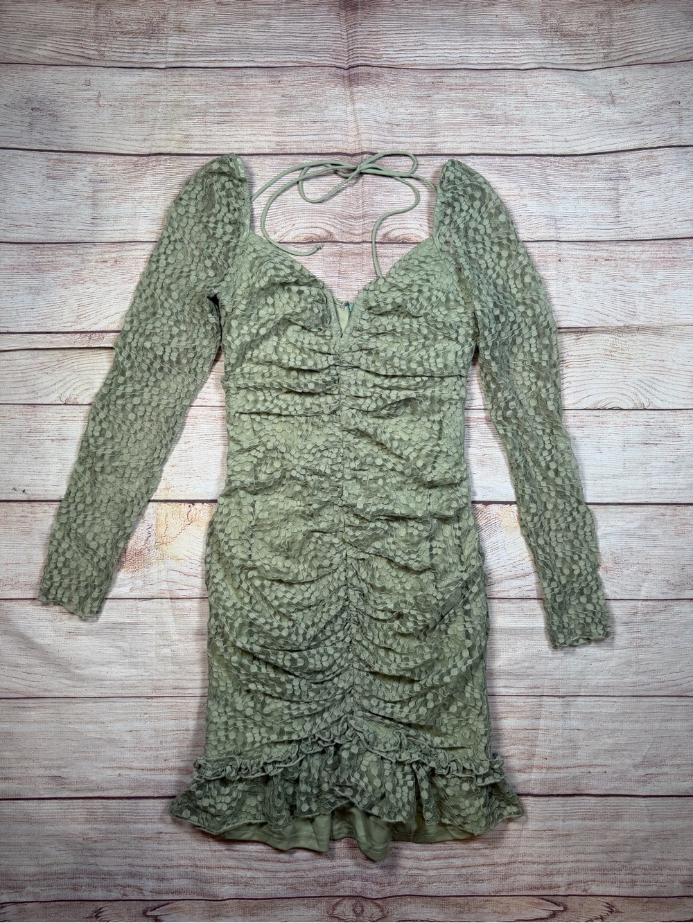 NWT Selfie Leslie Olive Green Ruched Square Neck Lace Sheer Sleeve Mini Dress